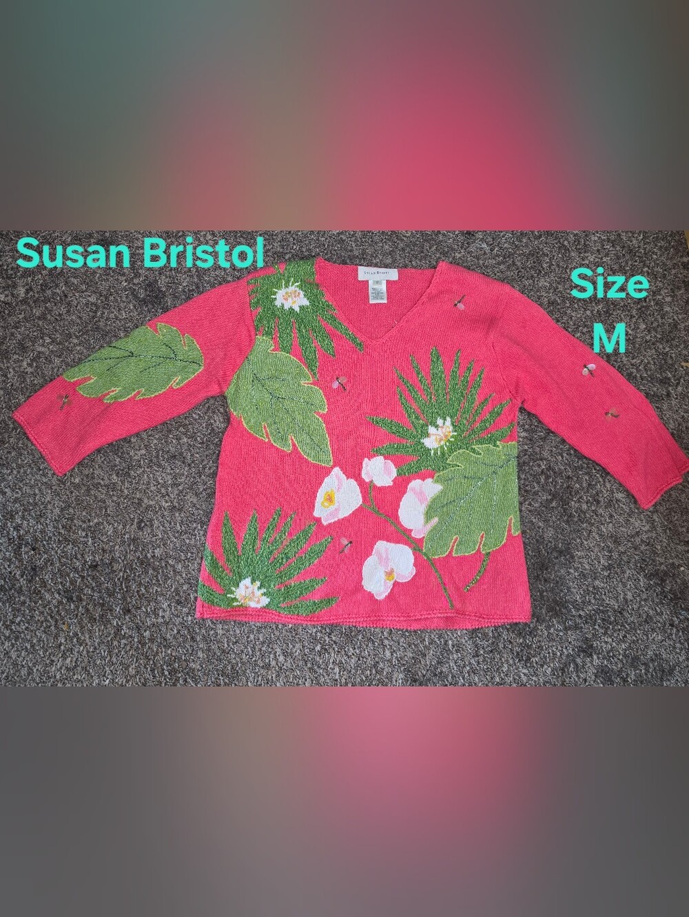 Vintage Susan Bristol Coral Pink Floral V-Neck Sweater Size M